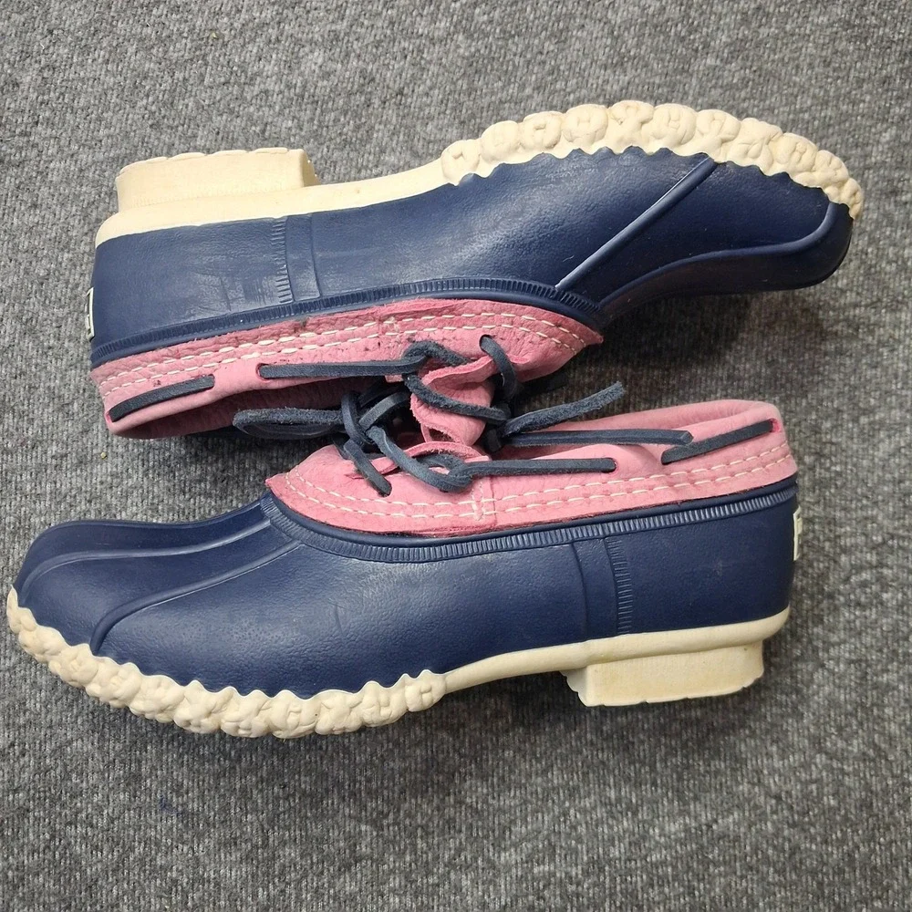 LL Bean Boots Rubber Moc Navy Blue Pink Leather Duck Shoes Womens size 9 M